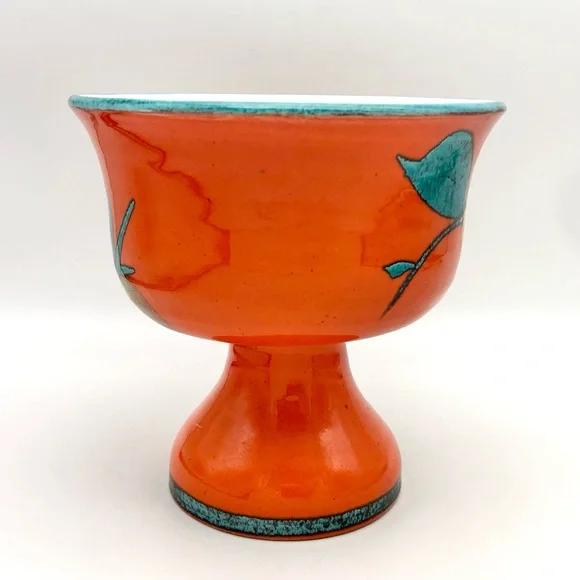 Italian Art Pottery Compote Planter Atomic Orange Pedestal Bowl Vase MCM Italy